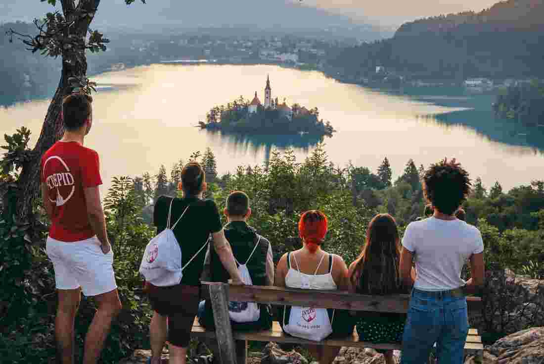 Intrepid watches the sunset over Lake Bled in Slovenia