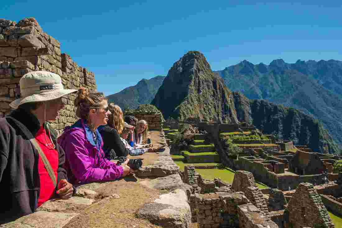 Peru Machu Picchu group with leader lookout
