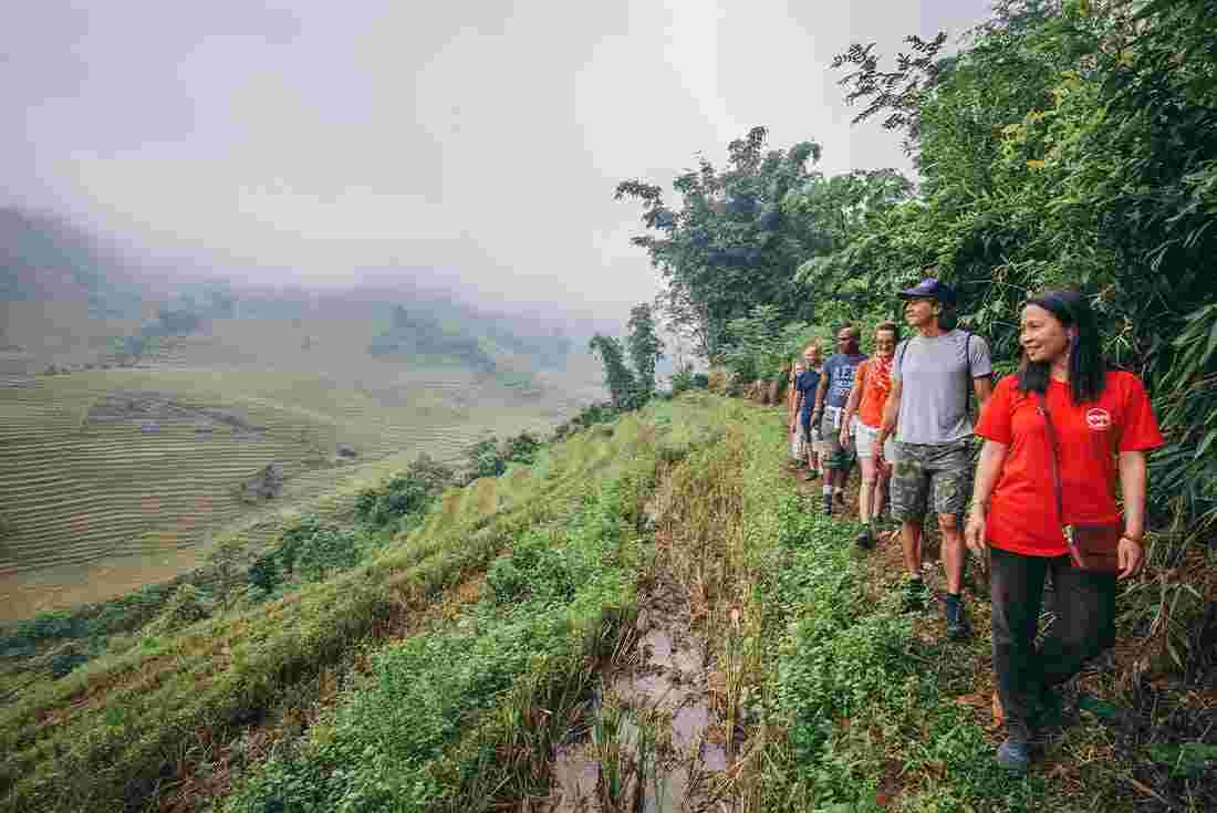 Travellers hike the fields of sapa with their leader