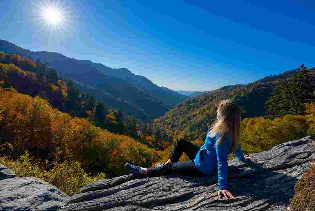 Woman enjoying the view over looking Great Smokey Mountains, Tennessee, U.S.A.