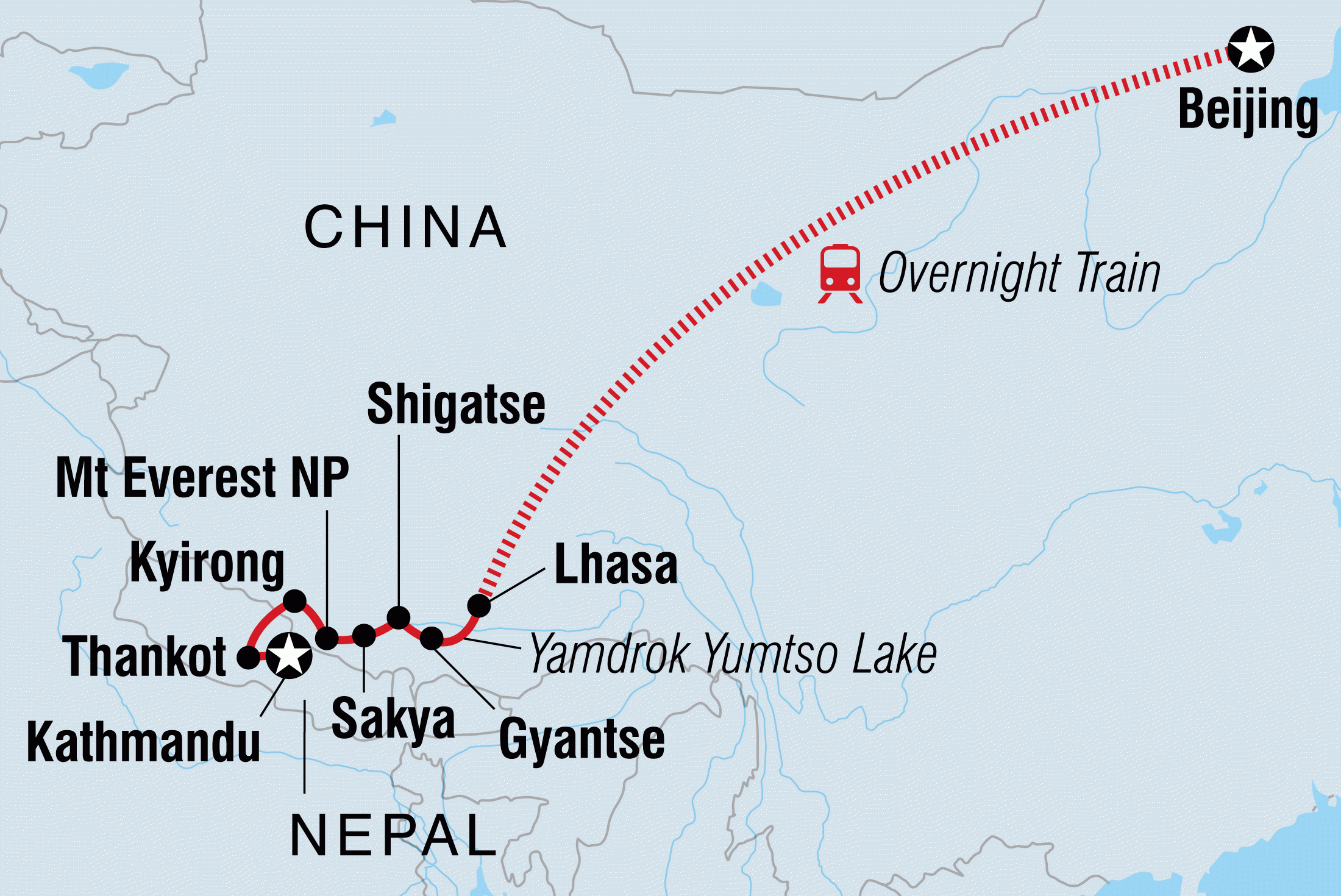 Map of Tibet: Beijing to Kathmandu Overland including China and Nepal