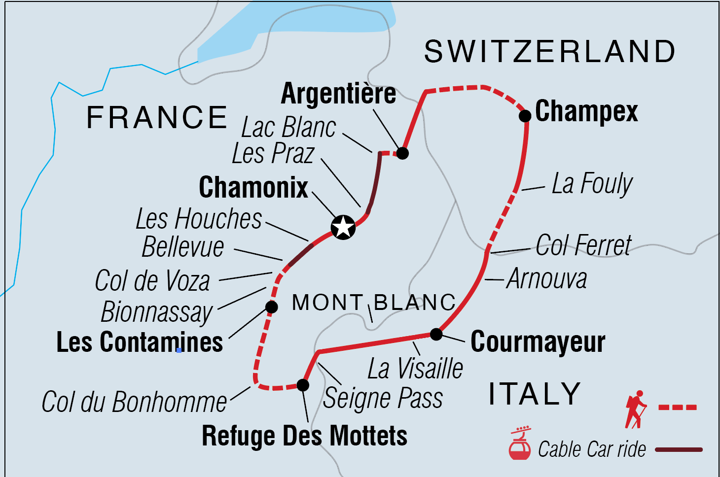Map of Hike the Tour du Mont Blanc including France, Italy and Switzerland