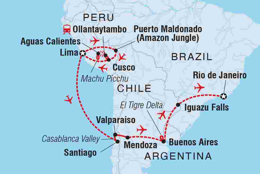 Map of Premium Highlights of South America including Argentina, Brazil, Chile and Peru