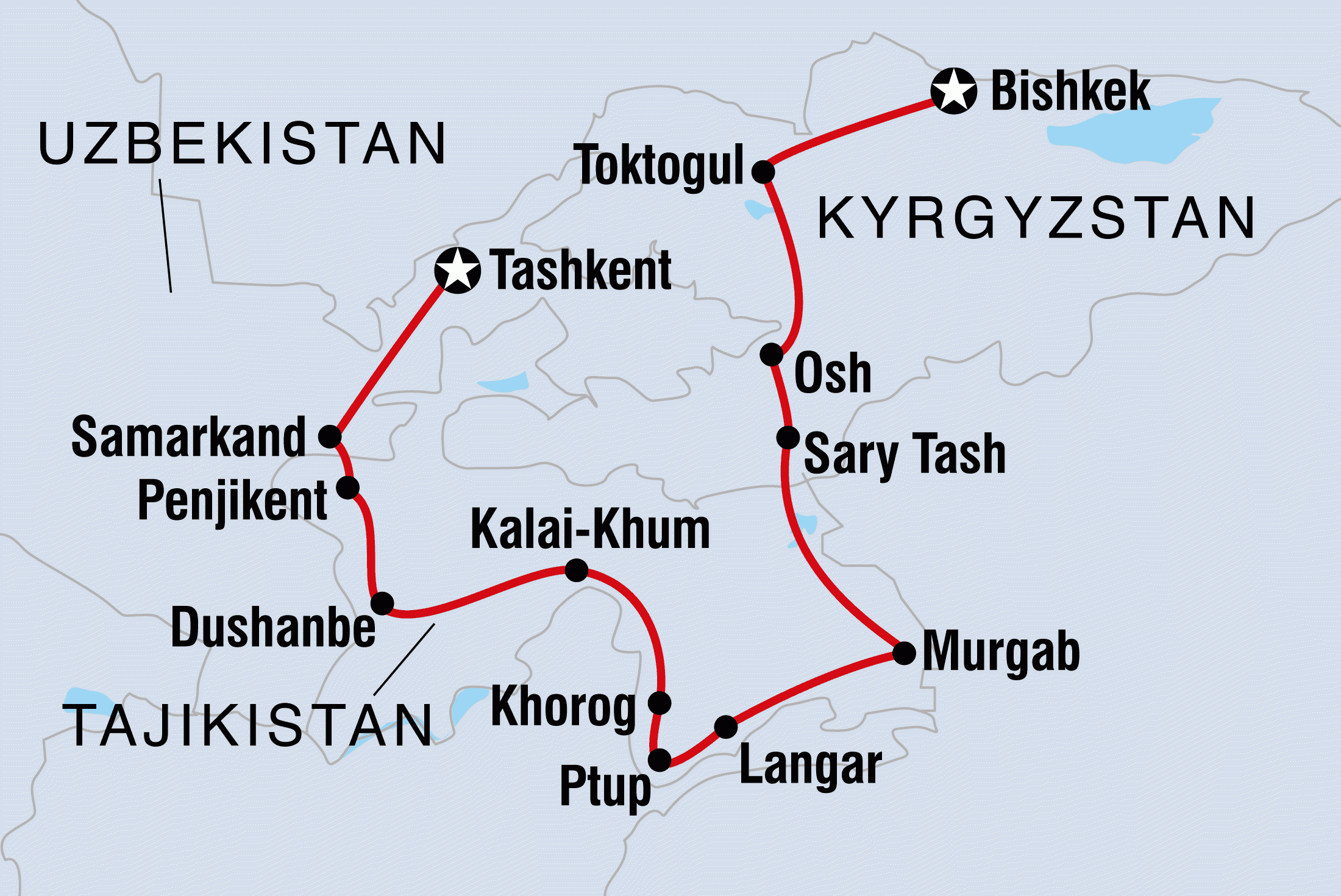 Map of Tajikistan Discovery including Kyrgyzstan, Tajikistan and Uzbekistan