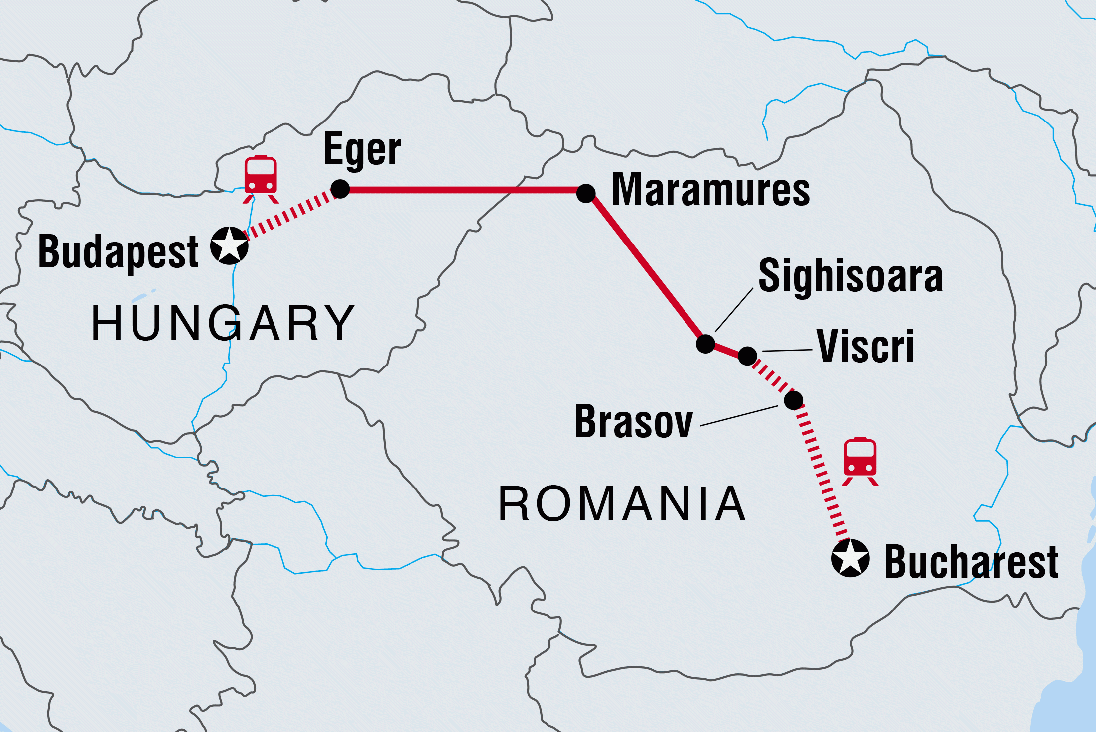 Map of Budapest to Bucharest including Hungary and Romania
