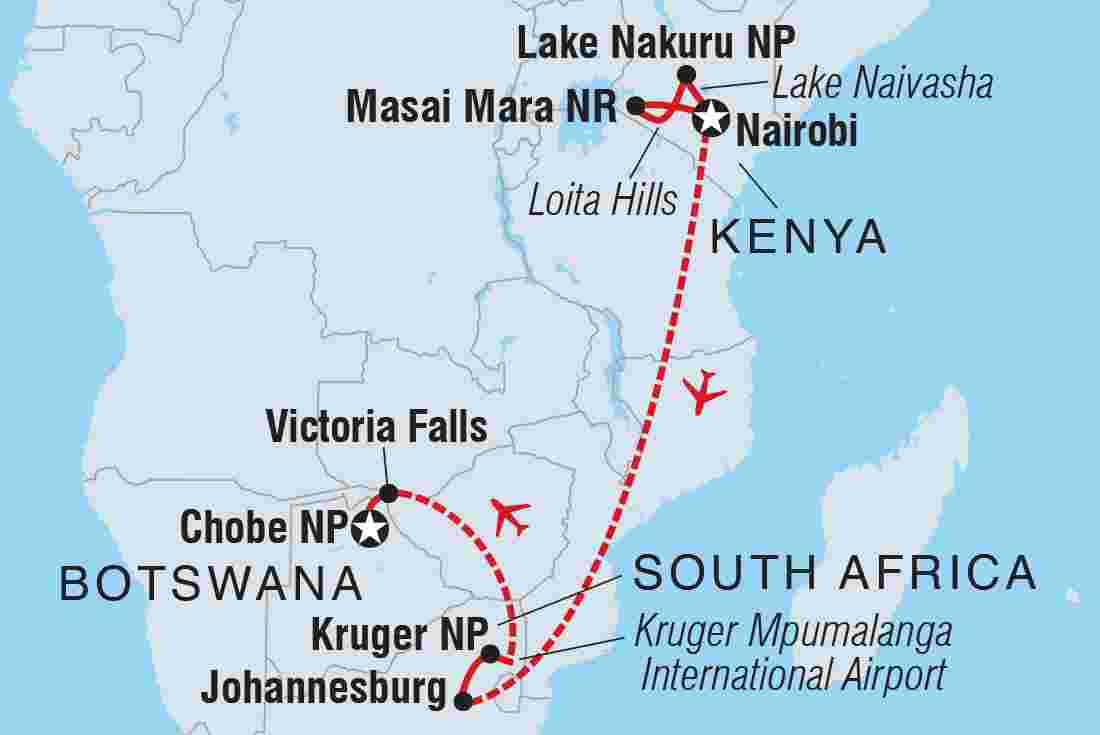 Map of Premium Kenya & Southern Africa Highlights including Botswana, Kenya, South Africa and Zimbabwe