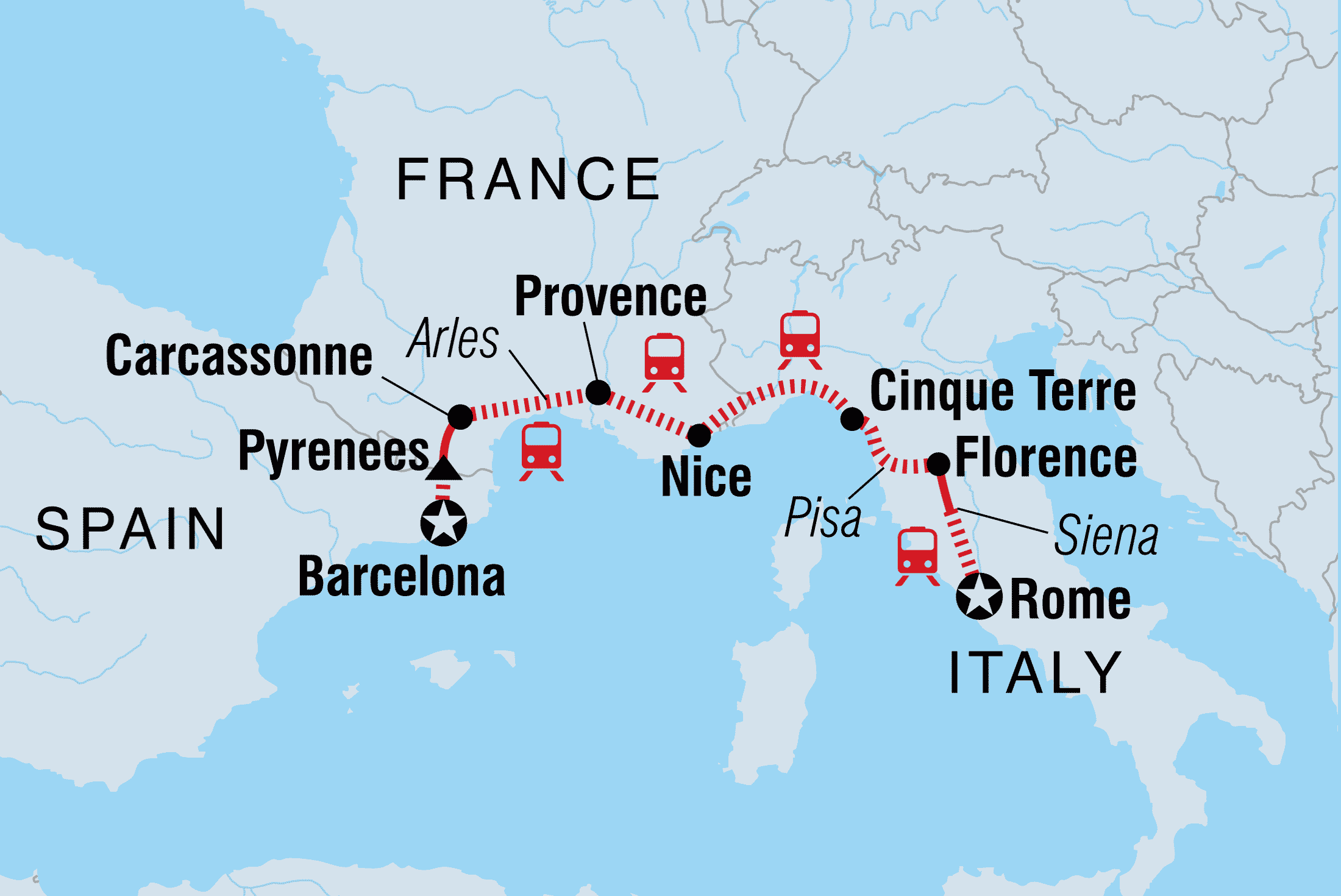 Map of Barcelona to Rome including France, Italy and Spain