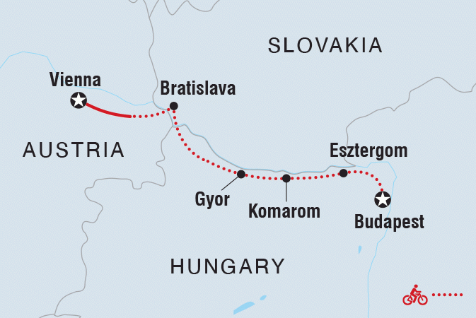Map of Cycle the Danube including Austria, Hungary and Slovakia