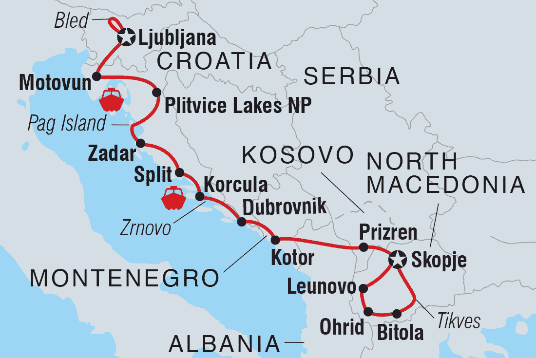 Map of Slovenia to Macedonia Real Food Adventure including Croatia, Macedonia, Republic Of, Montenegro, Slovenia and Kosovo