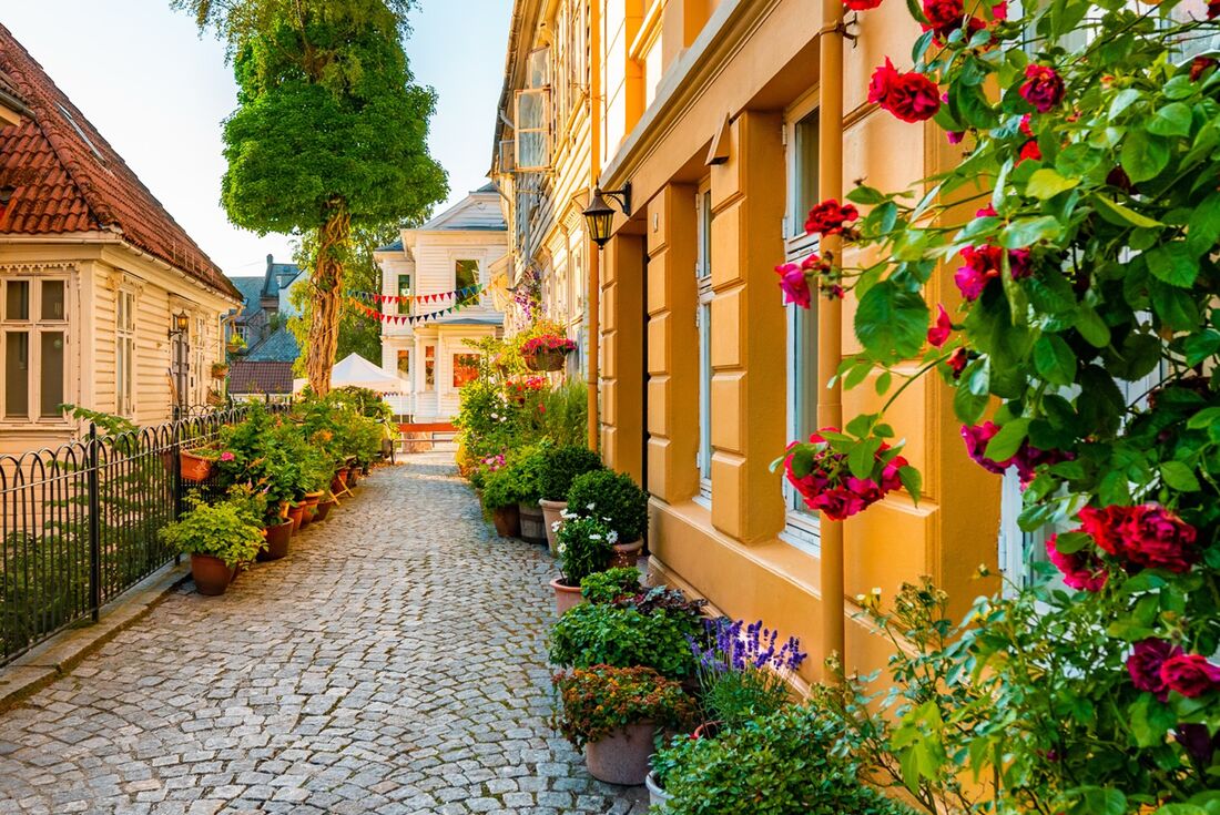 The colourful calming cobblestone streets of Bergen, Norway