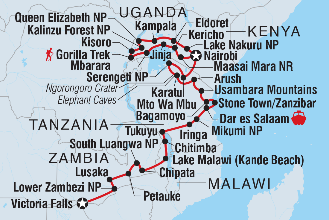 Map of Victoria Falls To Gorillas including Kenya, Malawi, Tanzania, United Republic Of, Uganda, Zambia and Zimbabwe