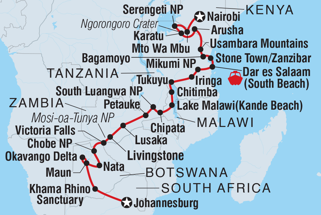 Map of Johannesburg To Kenya including Botswana, Kenya, Malawi, South Africa, Tanzania, United Republic Of, Zambia and Zimbabwe