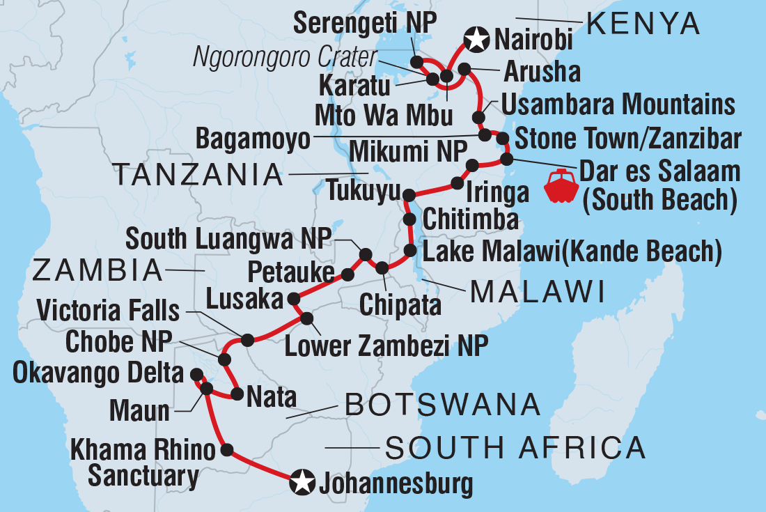Map of Johannesburg To Kenya including Botswana, Kenya, Malawi, South Africa, Tanzania, United Republic Of, Zambia and Zimbabwe