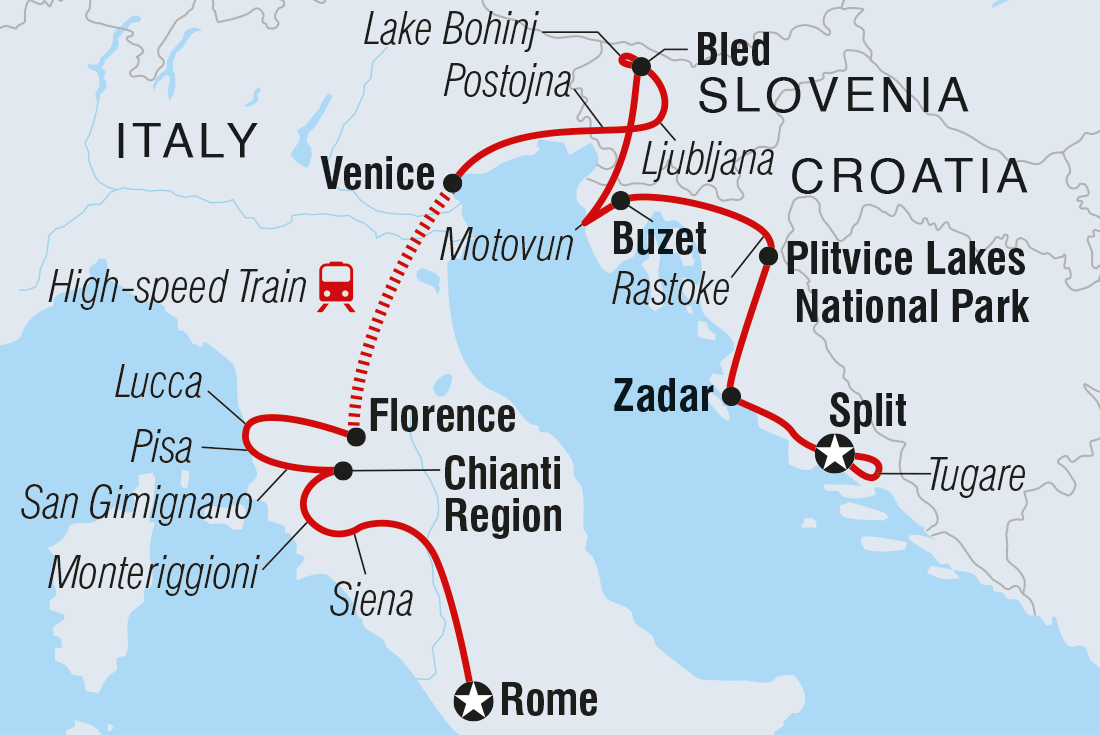 Map of Premium Rome To Split including Croatia, Italy and Slovenia