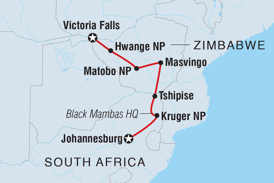 Map of Vic Falls To Kruger including South Africa and Zimbabwe