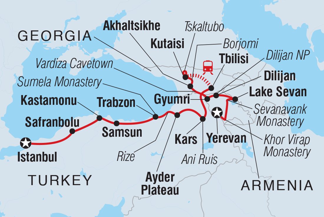 Map of Istanbul To Yerevan: The Black Sea And The Caucasus Mountains including Armenia, Georgia and Turkey