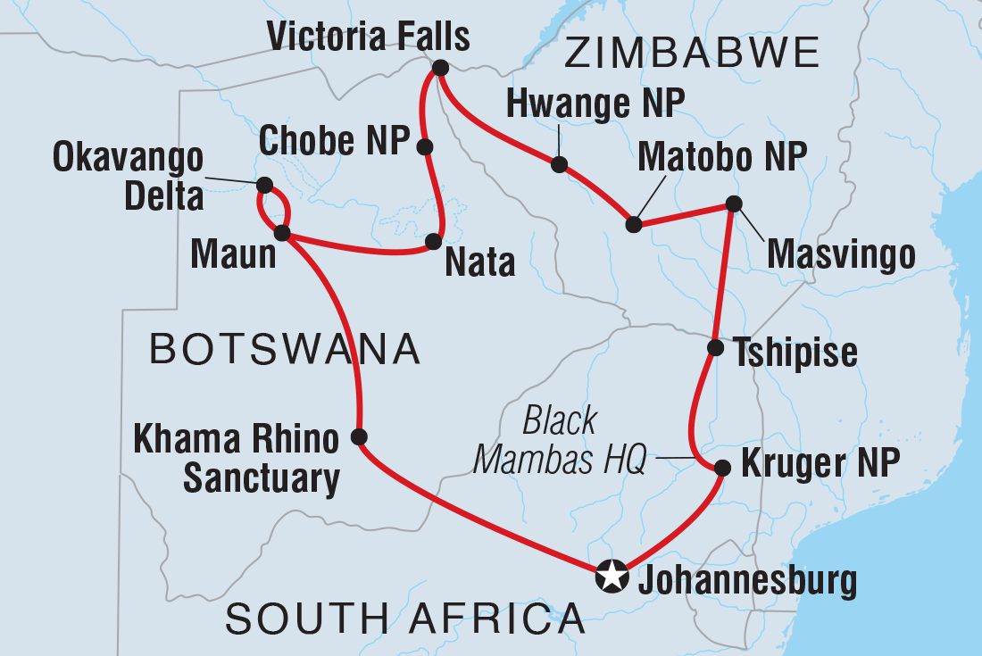 Map of Explore Southern Africa including Botswana, South Africa and Zimbabwe