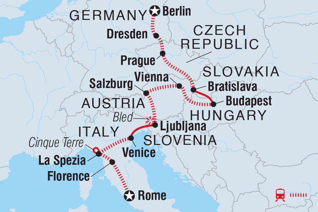 Map of Berlin To Rome including Austria, Czech Republic, Germany, Hungary, Italy, Slovakia and Slovenia