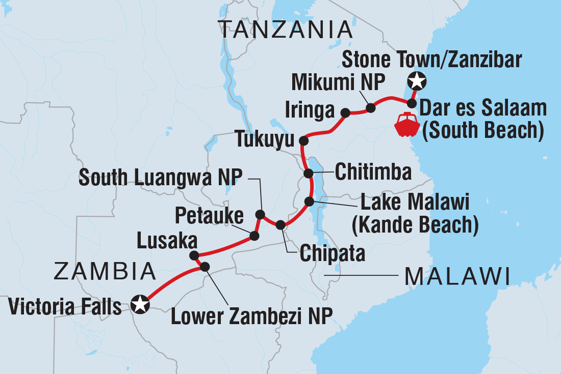 Map of Victoria Falls To Stone Town including Malawi, Tanzania, United Republic Of, Zambia and Zimbabwe