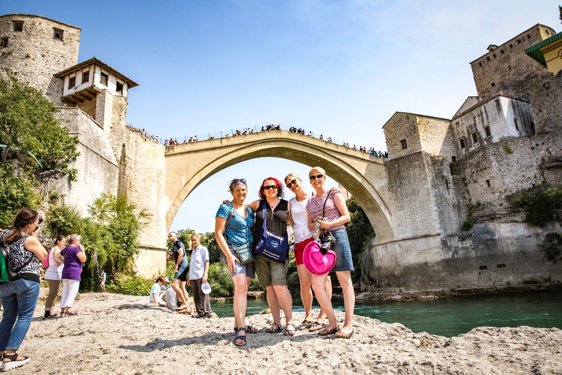 Intrepid travellers in Mostar bridge - Bosnia and Herzegovinaa