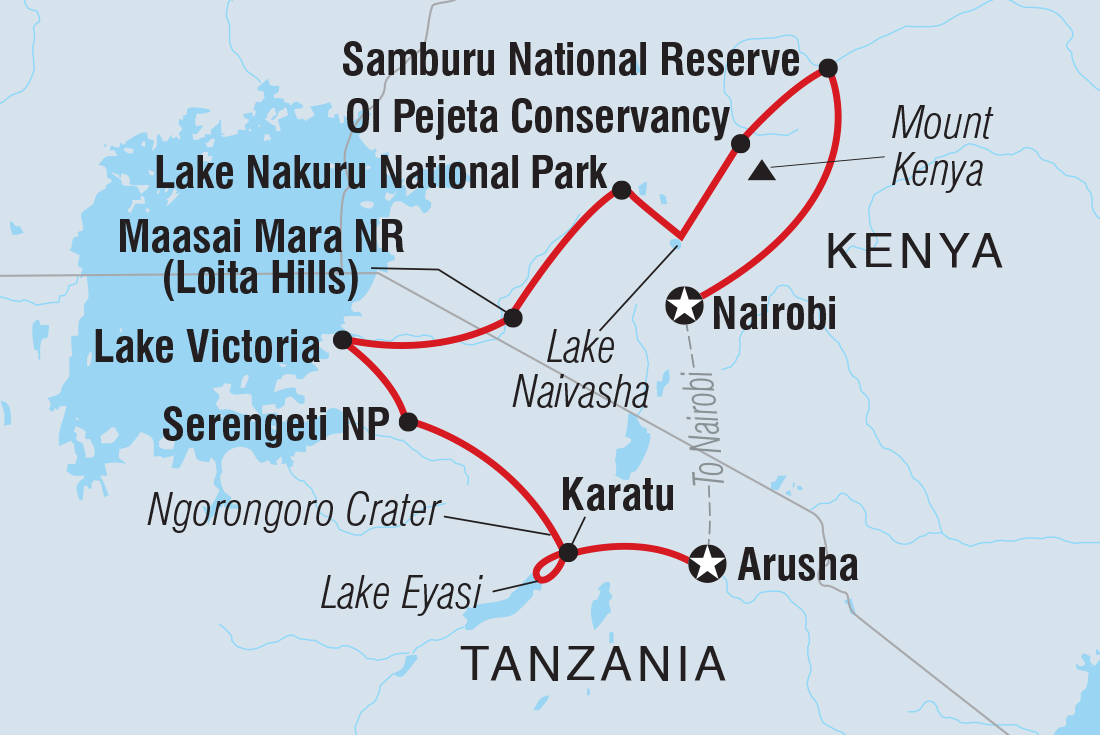 Map of East Africa Safari Adventure including Kenya and Tanzania, United Republic Of