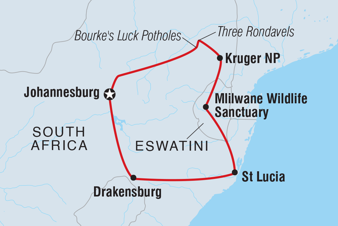 Map of South Arica's Kruger & Coast including South Africa and Swaziland