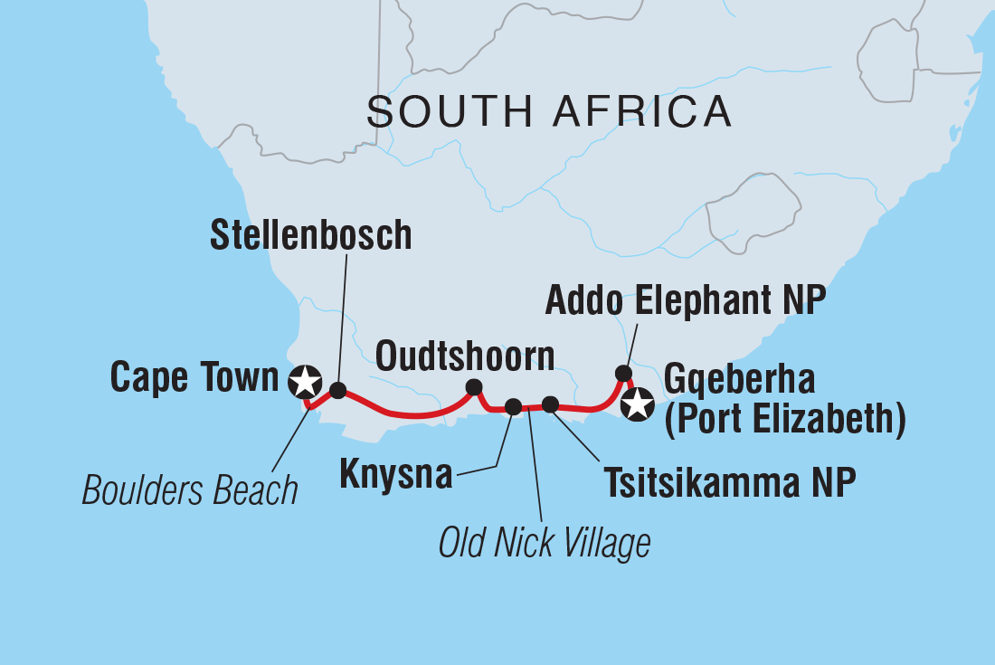 Map of South Africa's Garden Route & Winelands including South Africa