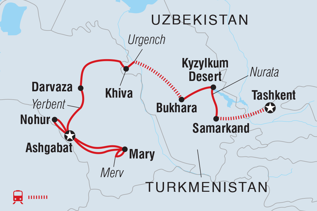 Map of Uzbekistan & Turkmenistan Adventure including Turkmenistan and Uzbekistan