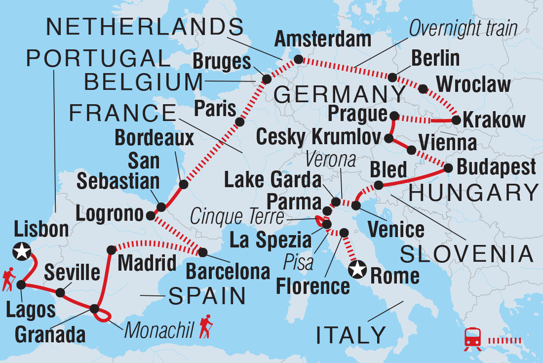 Map of 18 To 35S Epic Europe Adventure including Austria, Belgium, Czech Republic, France, Germany, Hungary, Italy, Netherlands, Poland, Portugal, Slovenia and Spain