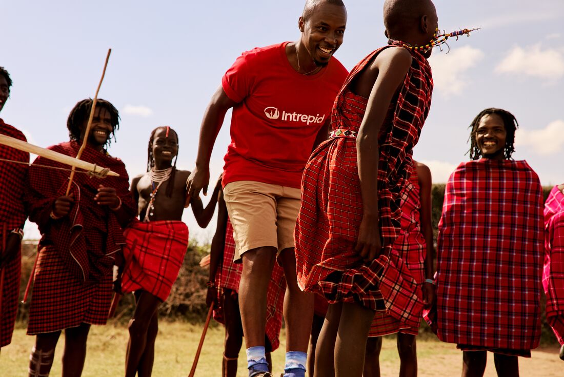 Intrepid leader doing the Maasai jump in Loita Hills