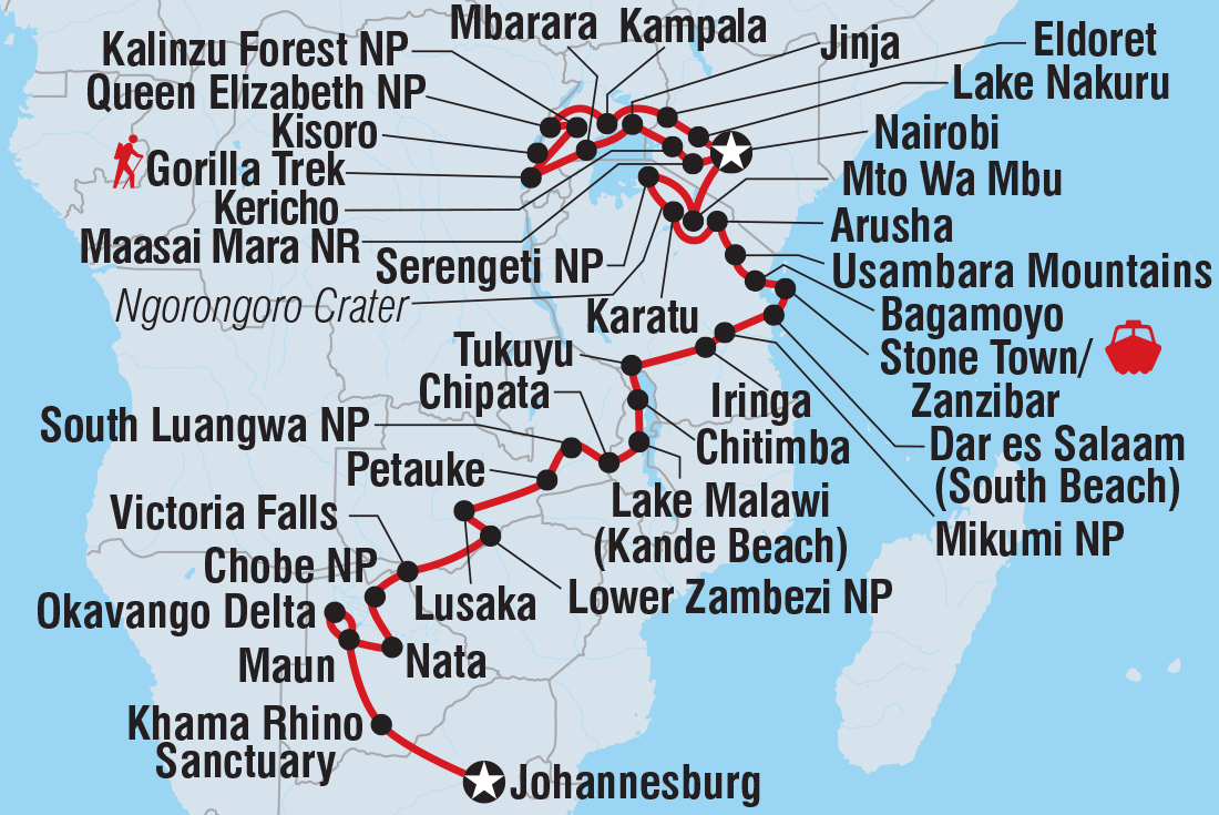 Map of Johannesburg To Gorillas including Botswana, Kenya, Malawi, South Africa, Tanzania, United Republic Of, Uganda, Zambia and Zimbabwe