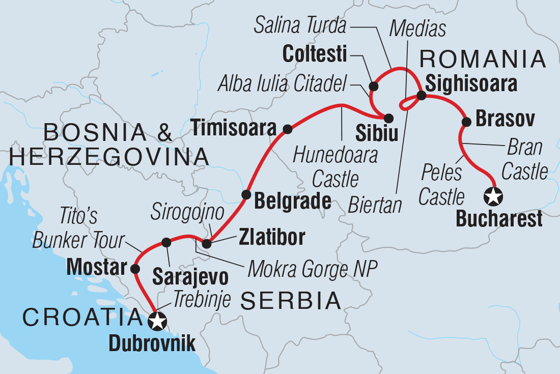Map of Premium Dubrovnik To Bucharest including Bosnia And Herzegovina, Croatia, Romania and Serbia