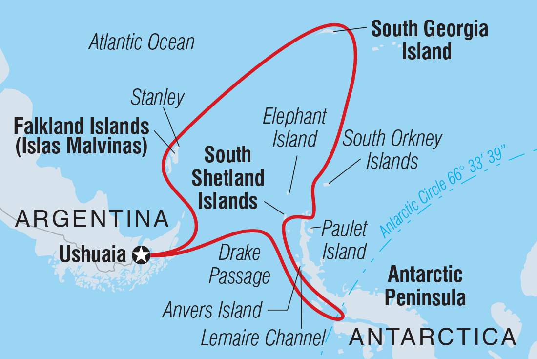 Map of New Year's Antarctic Circle Crossing (Ocean Victory) including Antarctica and Argentina