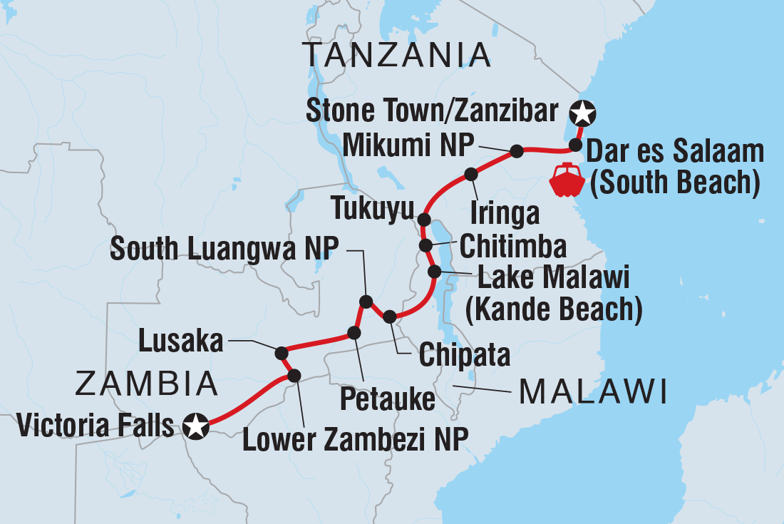 Map of Vic Falls To Zanzibar including Malawi, Tanzania, United Republic Of, Zambia and Zimbabwe