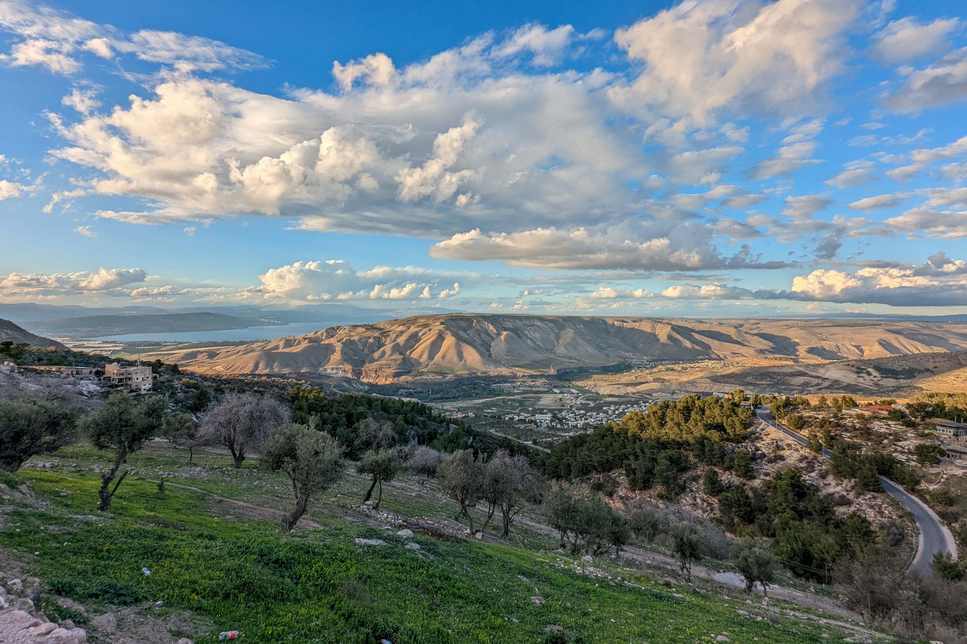 View from Umm Qais roman ruins over the Jordan countryside out to the Sea of Galilee
