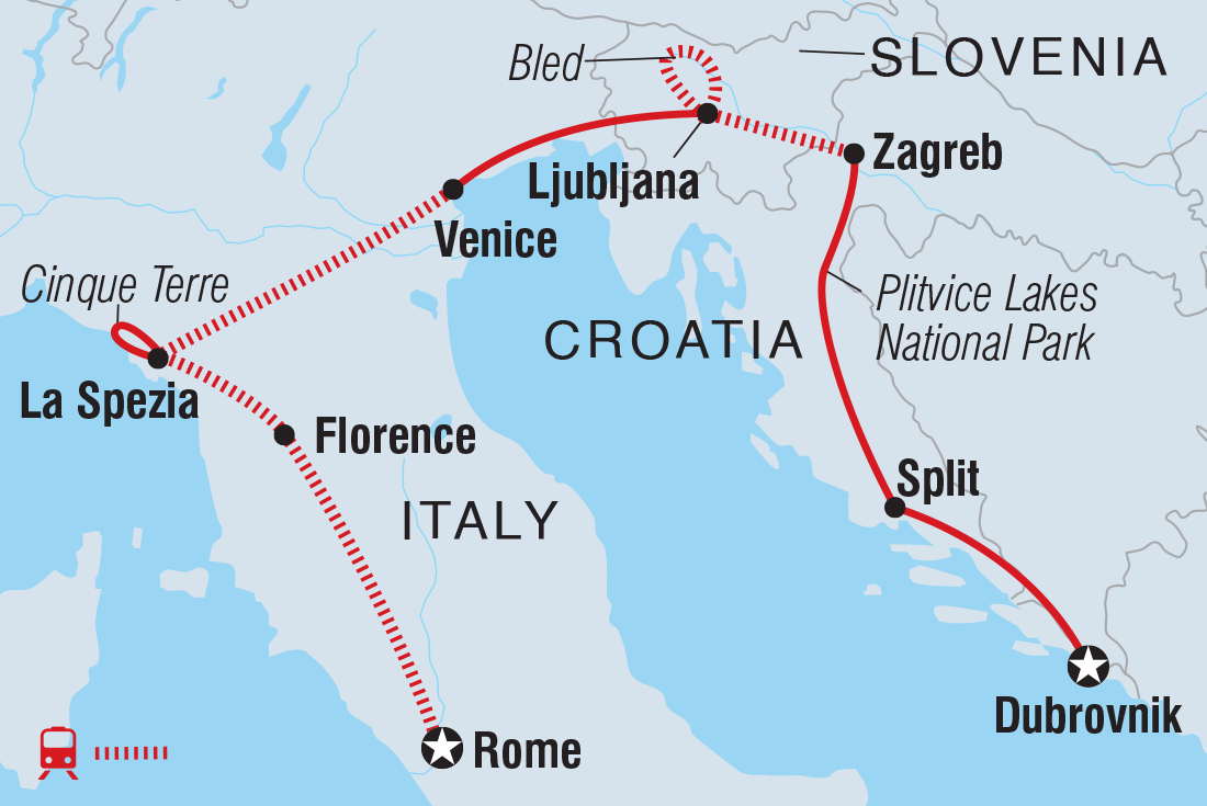 Map of Dubrovnik To Rome including Croatia, Italy and Slovenia