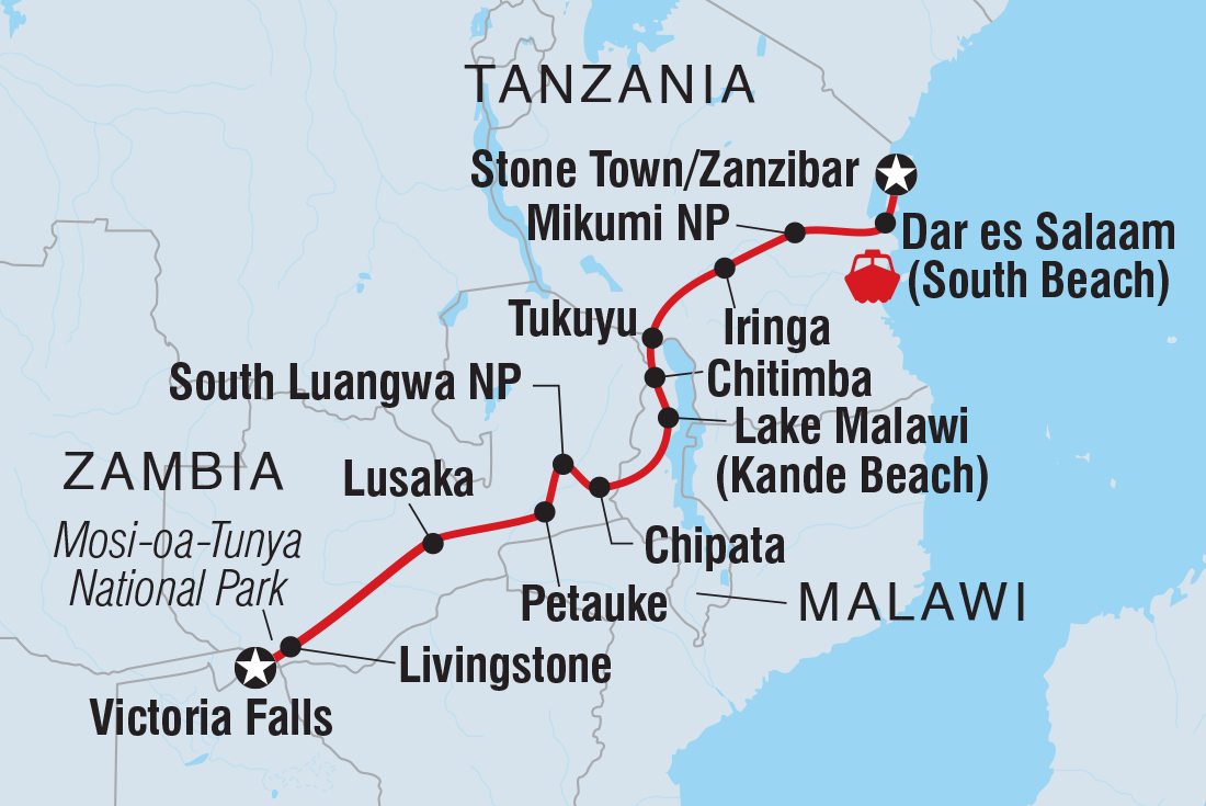 Map of Vic Falls To Zanzibar including Malawi, Tanzania, United Republic Of, Zambia and Zimbabwe