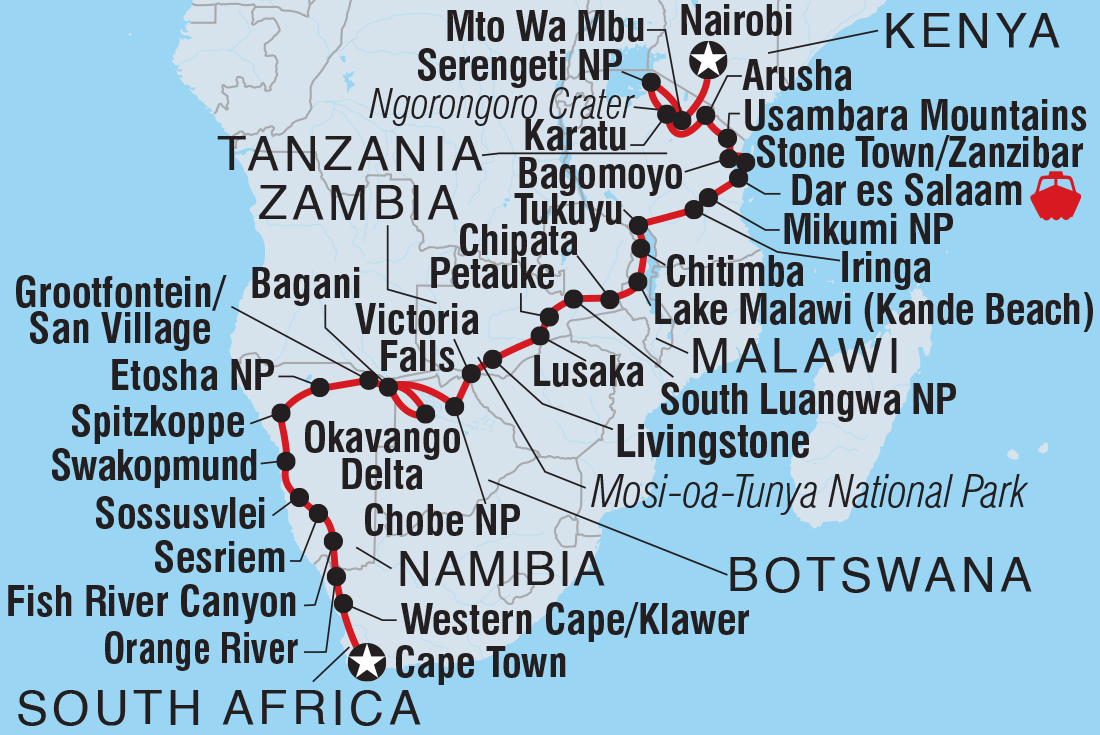 Map of Cape Town To Kenya including Botswana, Kenya, Malawi, Namibia, South Africa, Tanzania, United Republic Of, Zambia and Zimbabwe