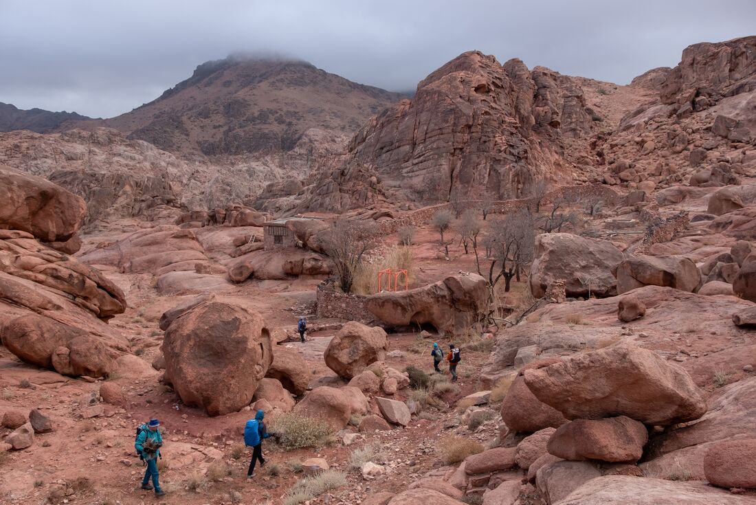 Travellers hiking on Mount Sinai trail in Egypt