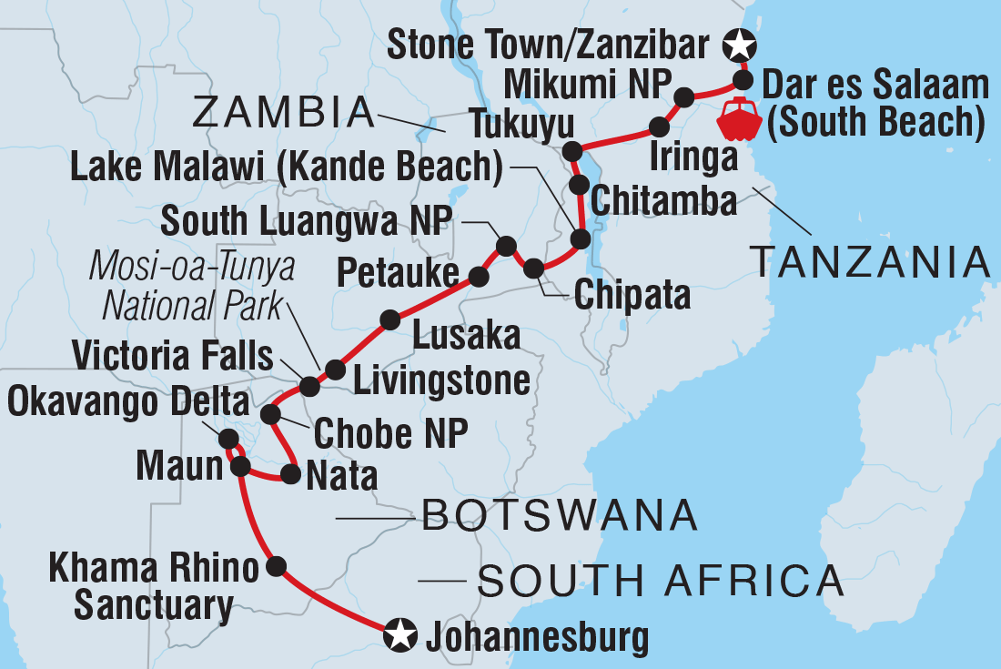Map of Johannesburg To Zanzibar including Botswana, Malawi, South Africa, Tanzania, United Republic Of, Zambia and Zimbabwe