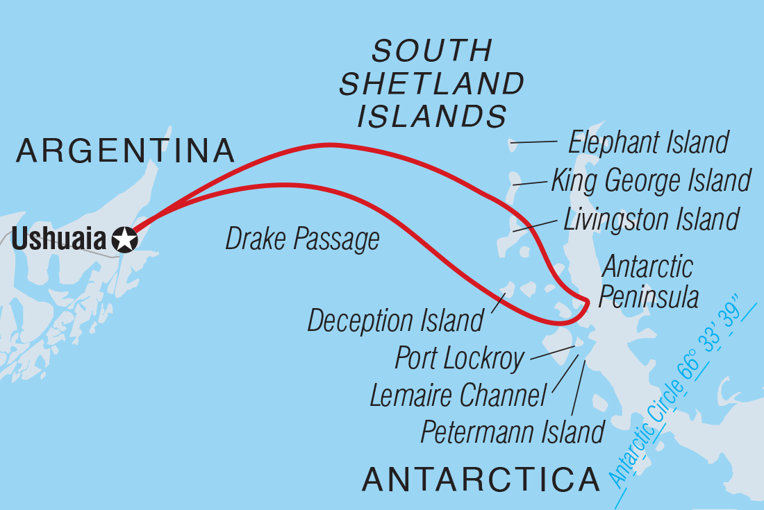 Map of Antarctic Peninsula: The Pure Expedition (Ocean Victory) including Antarctica and Argentina