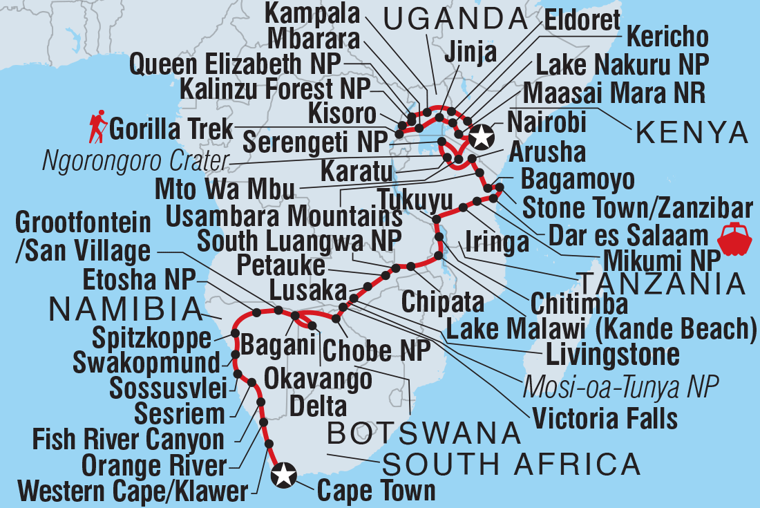 Map of Africa Encompassed Northbound including Botswana, Kenya, Malawi, Namibia, South Africa, Tanzania, United Republic Of, Uganda, Zambia and Zimbabwe