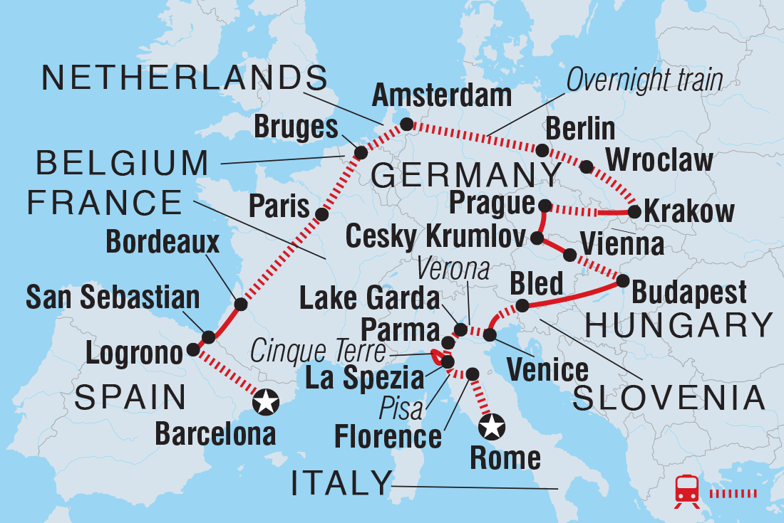 Map of 18 To 35S Essential Europe Loop including Austria, Belgium, Czech Republic, France, Germany, Hungary, Italy, Netherlands, Poland, Slovenia and Spain