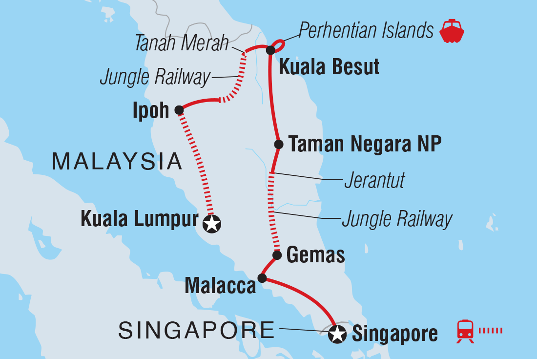 Map of Malaysia's Jungle Railway Adventure including Malaysia and Singapore