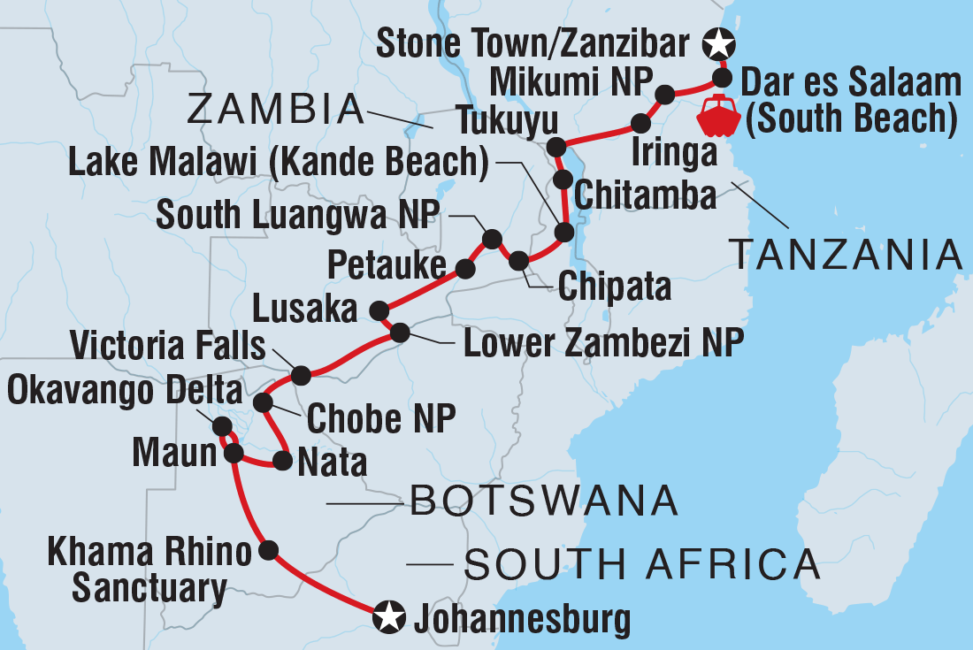 Map of Johannesburg To Zanzibar including Botswana, Malawi, South Africa, Tanzania, United Republic Of, Zambia and Zimbabwe