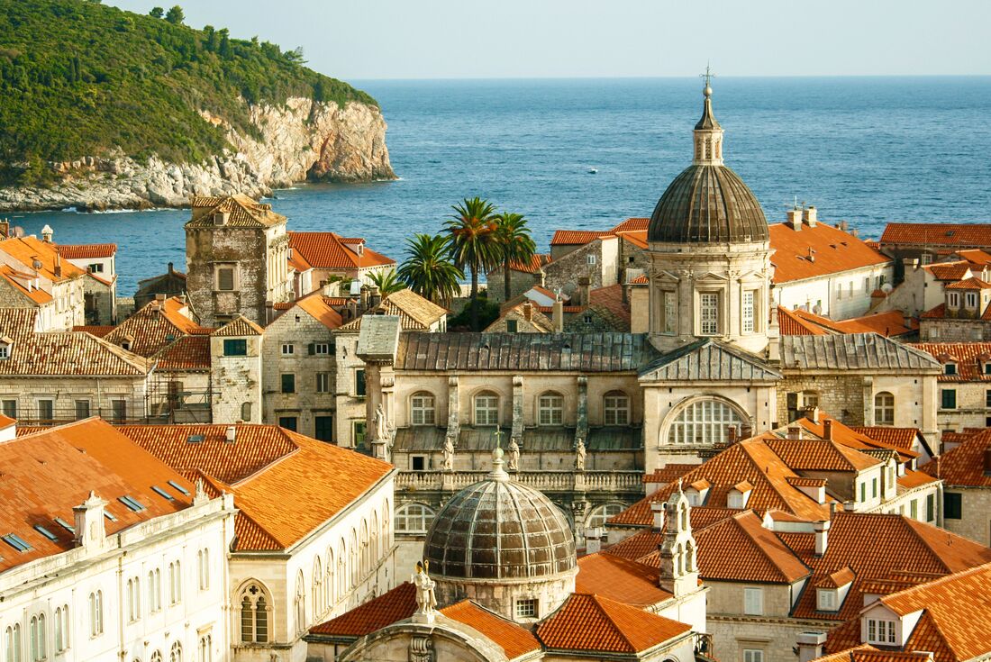 View of cathedral and surrounding architecture in old city of Dubrovnik, the location of Game Of Thrones, Croatia