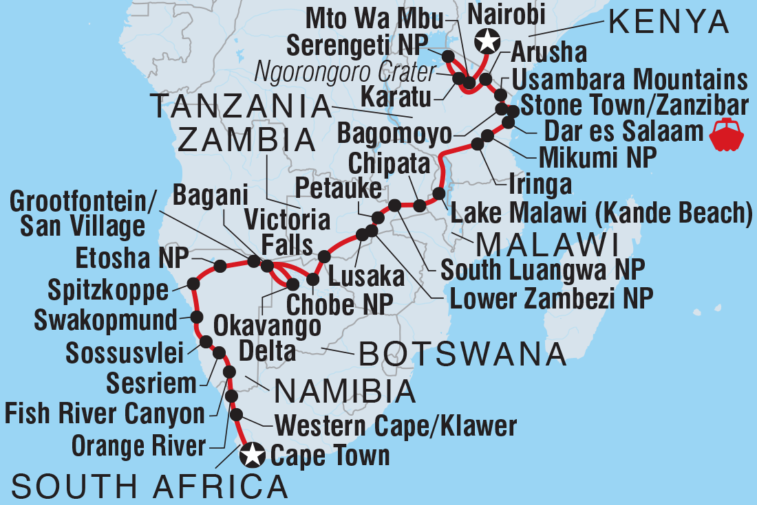 Map of Cape Town To Kenya including Botswana, Kenya, Malawi, Namibia, South Africa, Tanzania, United Republic Of, Zambia and Zimbabwe