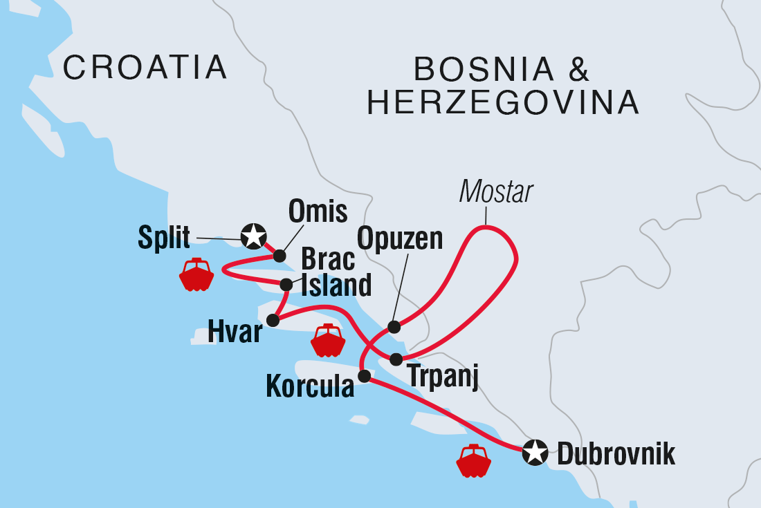 Map of Croatian Coastal Cruising: Dubrovnik To Split (Aurora) including Bosnia And Herzegovina and Croatia