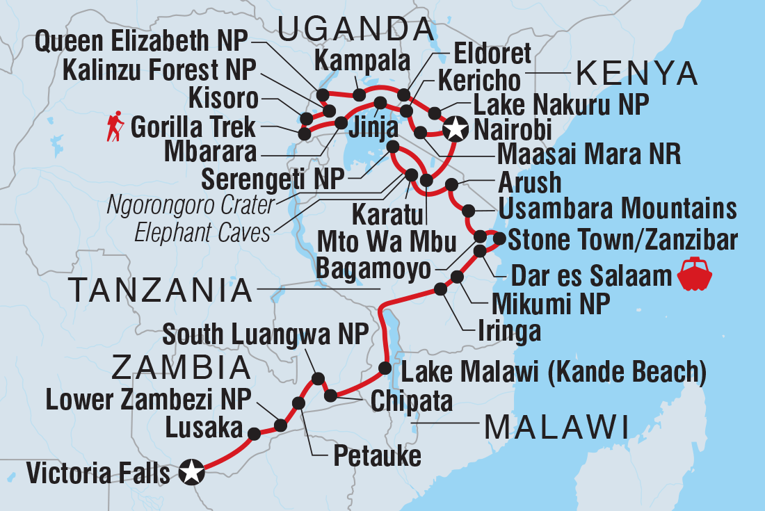 Map of Vic Falls To Gorillas including Kenya, Malawi, Tanzania, United Republic Of, Uganda, Zambia and Zimbabwe