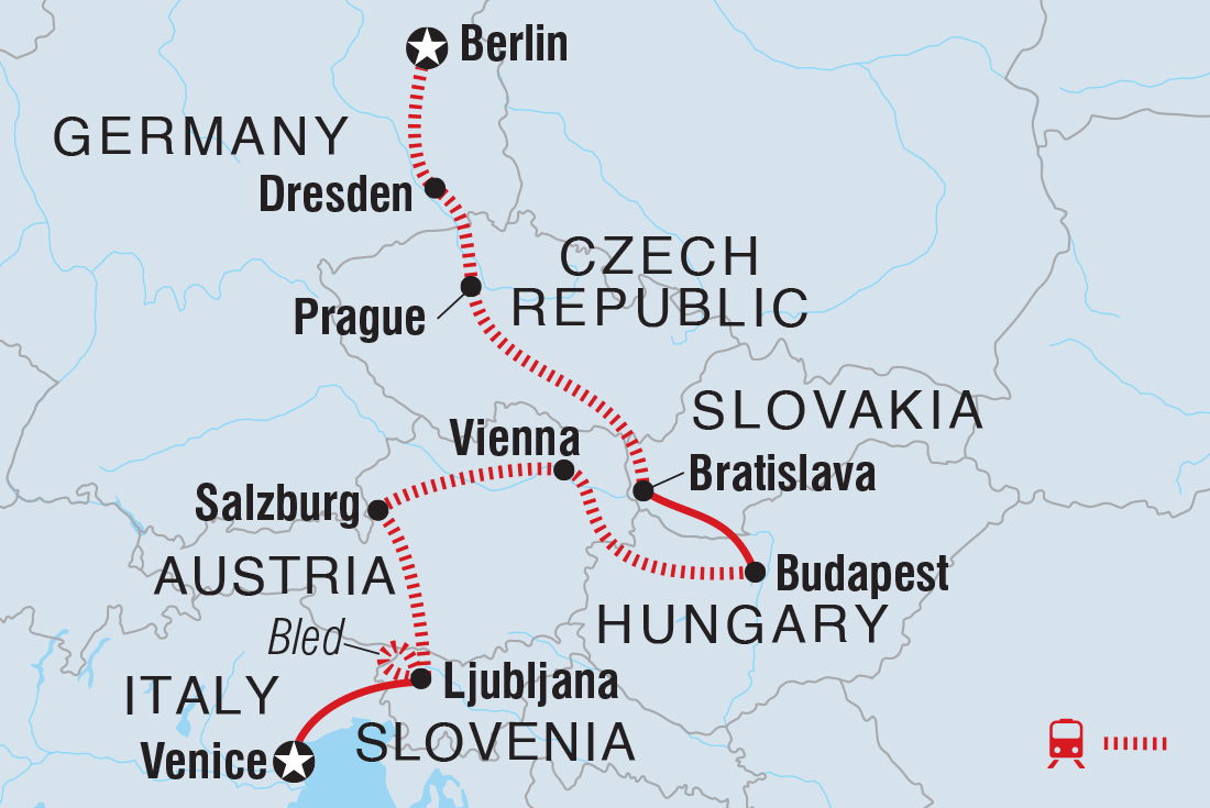 Map of Berlin To Venice including Austria, Czech Republic, Germany, Hungary, Italy, Slovakia and Slovenia